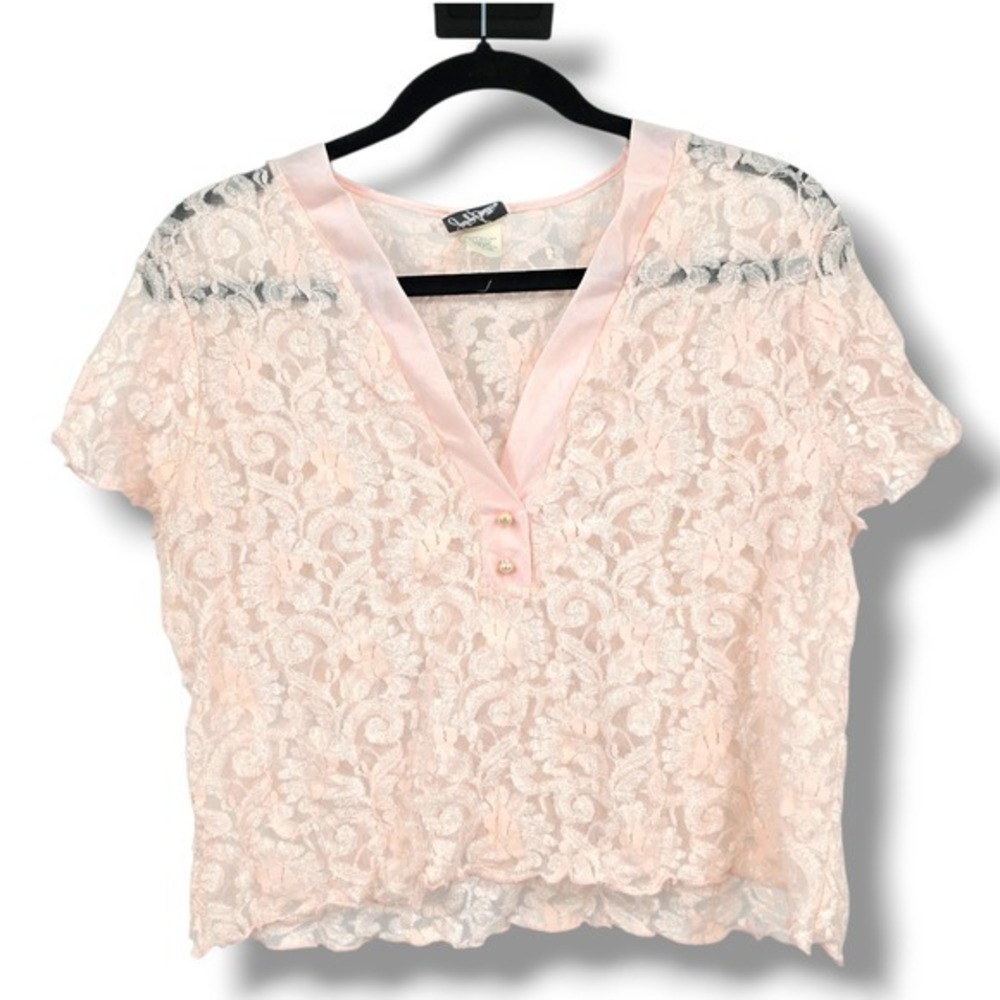 Jaclyn Smith Vintage Intimates Lace Top Blouse V-Neck Short Sleeve Pink Large